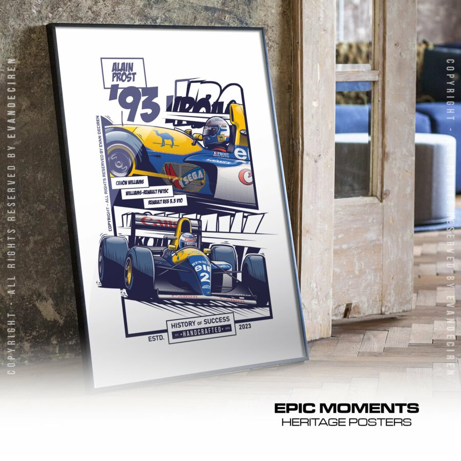 Alain Prost 1993 Williams FW15C Poster | Formula One Legend Racing Art Print | F1 Wall Decor Motorsport Gift from the Sports Car Racing Metal Signs store collection.