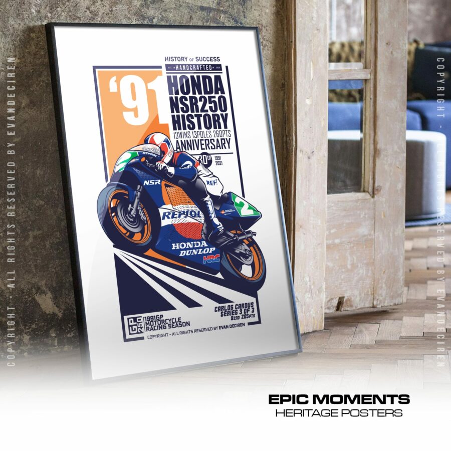 Carlos Cardus 1991 Honda NSR250 Poster | MotoGP Legend Racing Art Print | Vintage Motorcycle Wall Decor from the Race Car Wall Art store collection.