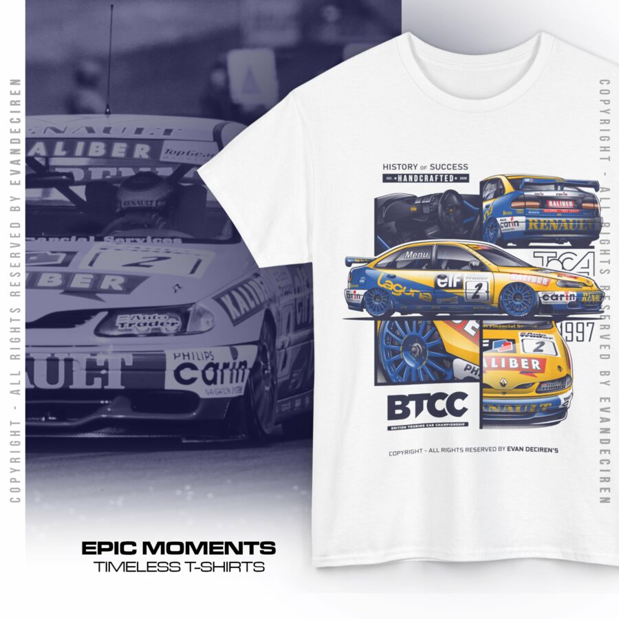 Alain Menu 1997 BTCC Renault Laguna T-Shirt | Retro Touring Car Racing Shirt | Classic Motorsport Tee from the Official Motorsport Merchandise store collection.