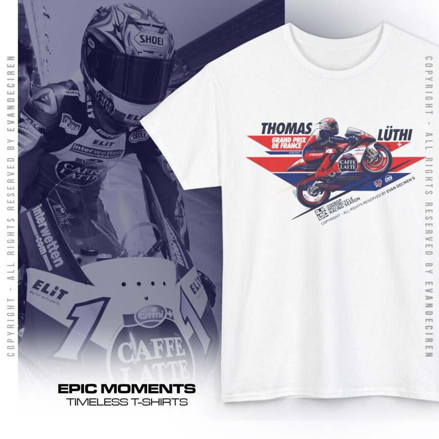 Thomas Luthi 2006 T-Shirt | Swiss MotoGP Legend Racing Tee | Retro Grand Prix Motorcycle Racer Fan Gift from the Sports Car Racing Race Suits store collection.