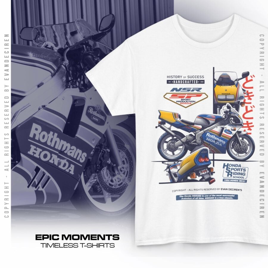 Honda NSR250SP T-Shirt | 1992 MC21 Rothmans Racing Vintage Motorcycle Tee from the Sports Car Racing Clothing store collection.