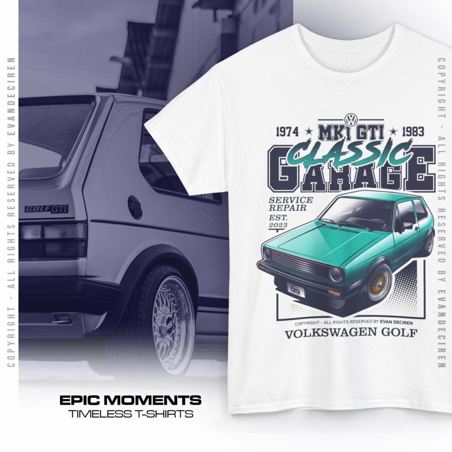 Volkswagen Golf MK1 GTI 1983 Classic Garage T-Shirt | Retro Car Graphic Tee | Vintage VW Golf Enthusiast Shirt from the Volkswagen store collection.