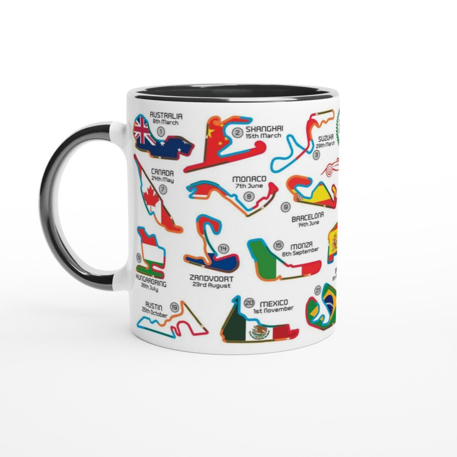 2026 Formula 1 Calendar Mugs - Circuit Layouts with Country Flags - All F1 Races from the Alpine F1 Team store collection.