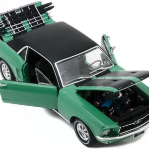 1967 Ford Mustang Coupe Loveland Green Metallic with Black Stripes and Black Top and a Pair of Skis "Ski Country Special" 1/18 Diecast Model Car by Greenlight from the Sports Car Racing Collectibles store collection.