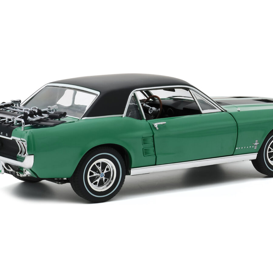 1967 Ford Mustang Coupe Loveland Green Metallic with Black Stripes and Black Top and a Pair of Skis "Ski Country Special" 1/18 Diecast Model Car by Greenlight Automotive
