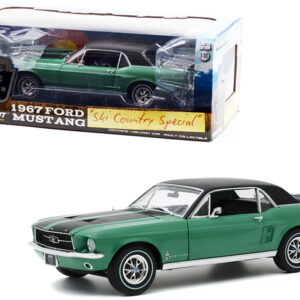 1967 Ford Mustang Coupe Loveland Green Metallic with Black Stripes and Black Top and a Pair of Skis "Ski Country Special" 1/18 Diecast Model Car by Greenlight from the Sports Car Racing Collectibles store collection.