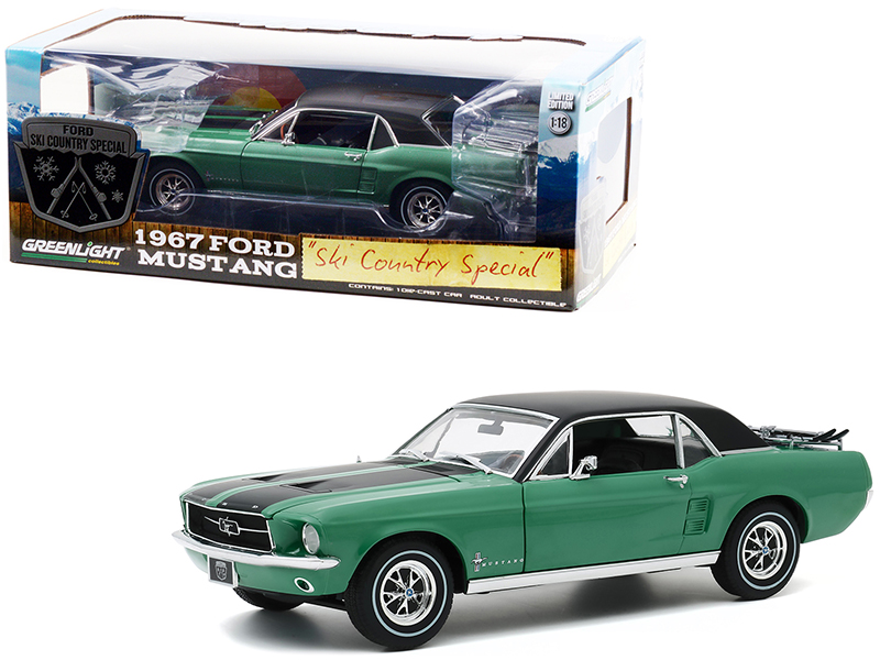 1967 Ford Mustang Coupe Loveland Green Metallic with Black Stripes and Black Top and a Pair of Skis "Ski Country Special" 1/18 Diecast Model Car by Greenlight Automotive