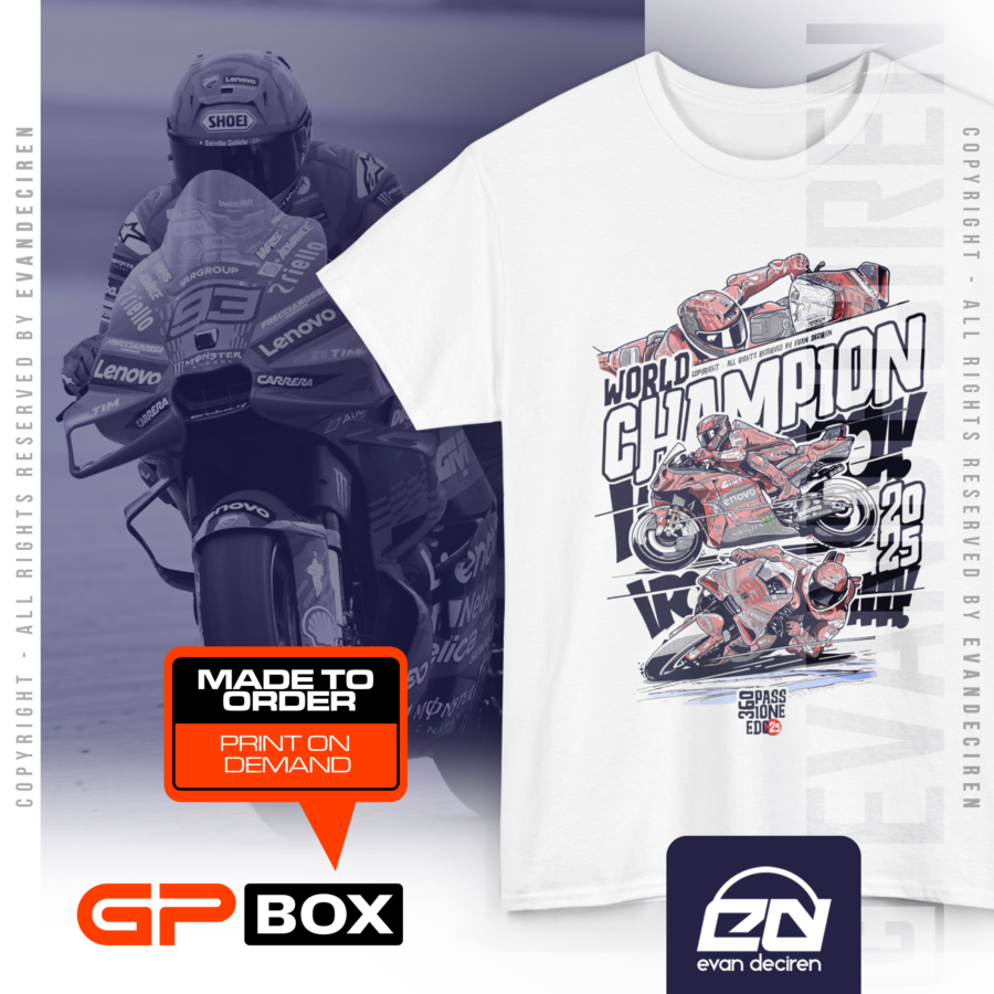 Marc Marquez 2025 World Champion T-Shirt | MotoGP Legend Racing Tee | Motorcycle Comics Art from the MotoGP Clothing & Merchandise store collection.