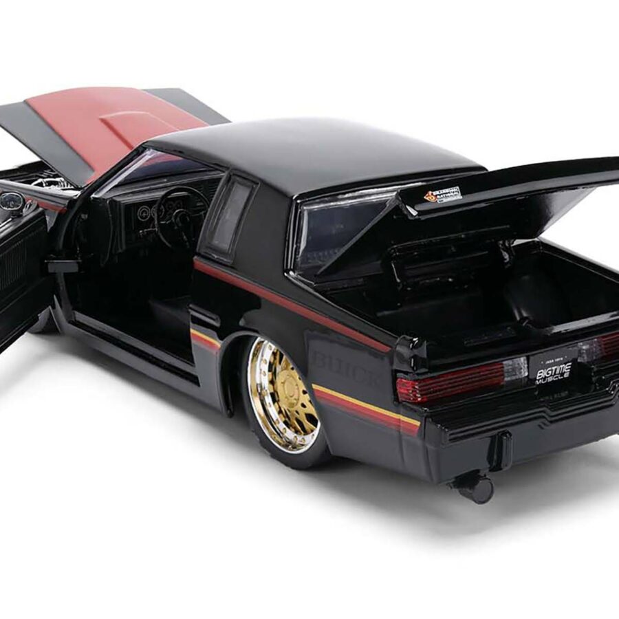 1987 Buick Grand National Black with Matt Red Hood and Stripes "Bigtime Muscle" Series 1/24 Diecast Model Car by Jada Automotive