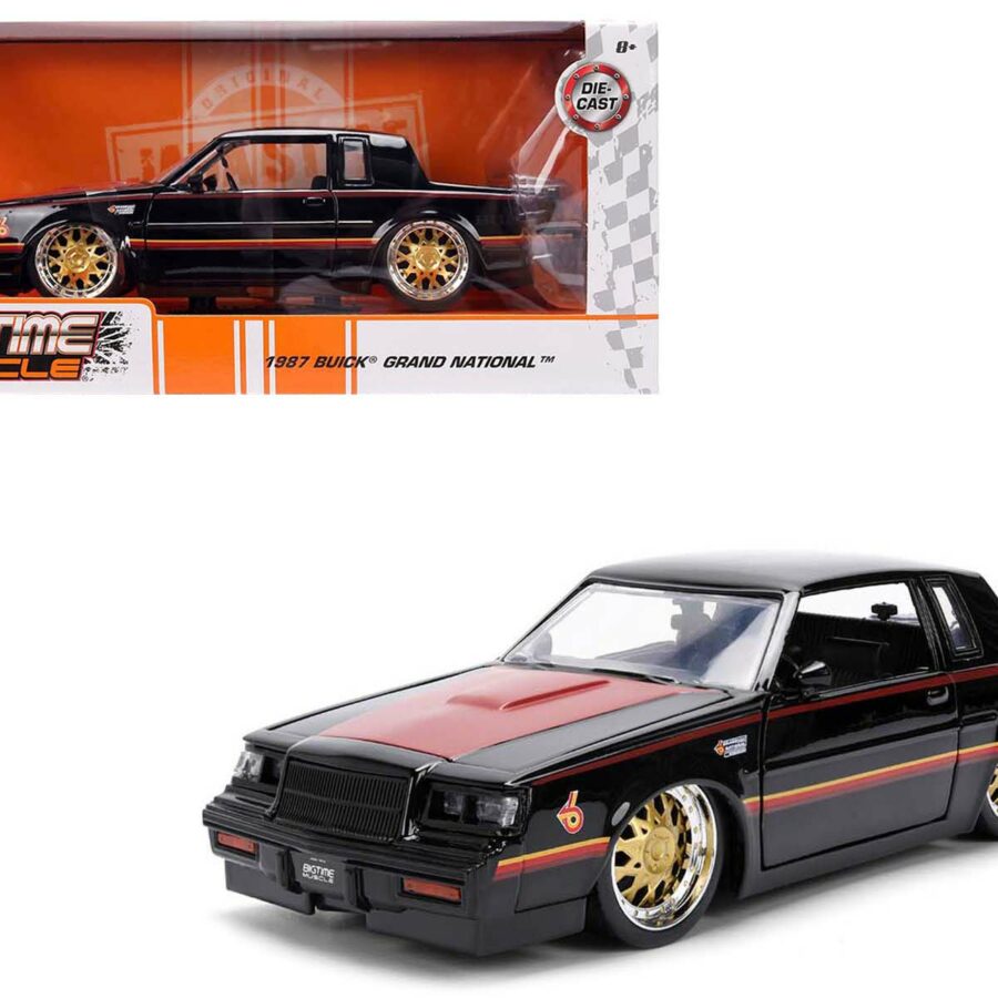 1987 Buick Grand National Black with Matt Red Hood and Stripes "Bigtime Muscle" Series 1/24 Diecast Model Car by Jada Automotive
