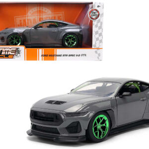 2024 Ford Mustang RTR Gray with Green Wheels "Bigtime Muscle" Series 1/24 Diecast Model Car by Jada from the Sports Car Racing Model Cars store collection.
