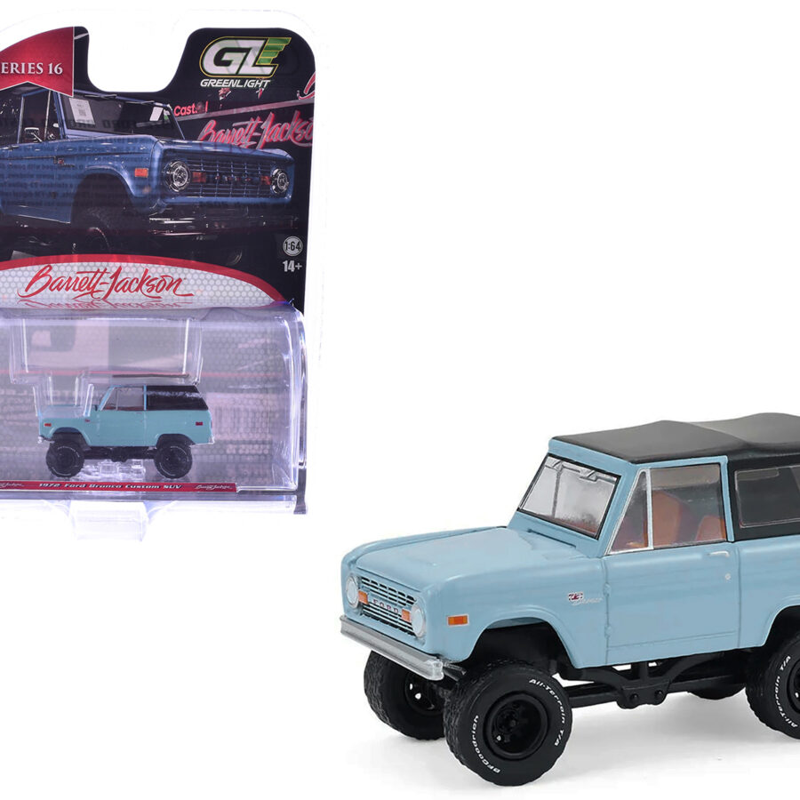 1972 Ford Bronco Custom SUV Light Blue with Black Top "Barrett-Jackson" Series 16 1/64 Diecast Model Car by Greenlight Automotive