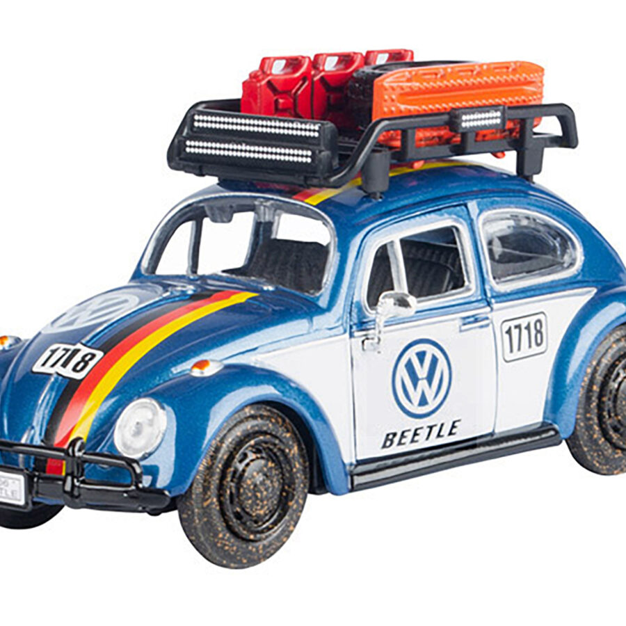 1966 Volkswagen Beetle Off Road #1718 Blue Metallic and White with German Flag Stripes and Roof Rack Accessories 1/24 Diecast Model Car by Motormax from the Volkswagen store collection.