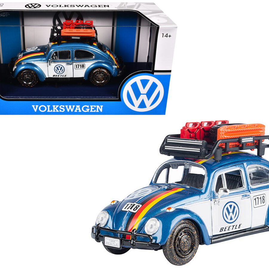 1966 Volkswagen Beetle Off Road #1718 Blue Metallic and White with German Flag Stripes and Roof Rack Accessories 1/24 Diecast Model Car by Motormax from the Volkswagen store collection.