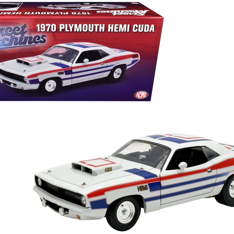 1970 Plymouth HEMI Cuda "Street Machine" White with Red and Blue Stripes Limited Edition to 366 pieces Worldwide 1/18 Diecast Model Car by ACME from the Sports Car Racing Model Cars store collection.