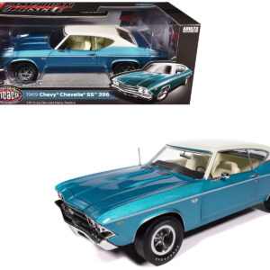 1969 Chevrolet Chevelle SS 396 Azure Turquoise Metallic with White Stripes White Vinyl Top and Interior "Muscle Car & Corvette Nationals" (MCACN) "American Muscle" Series 1/18 Diecast Model Car by Auto World from the Sports Car Racing Model Cars store collection.