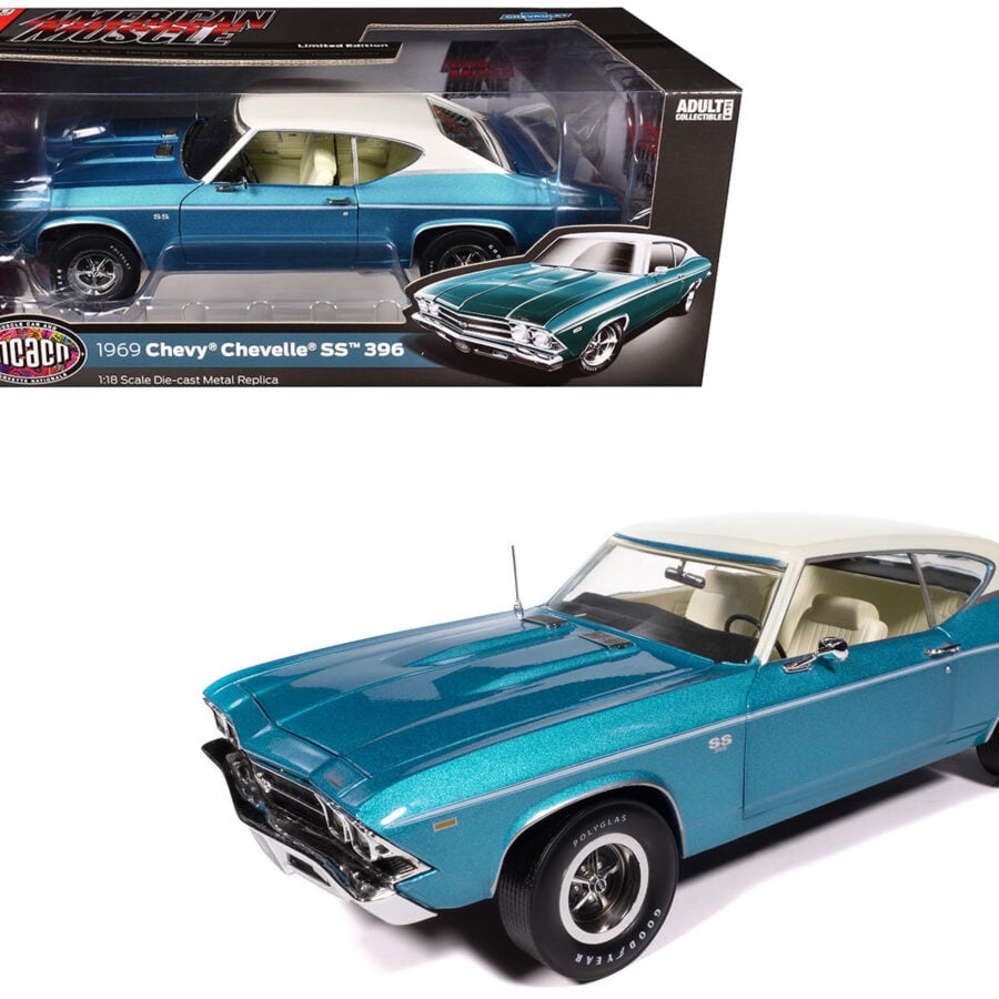 1969 Chevrolet Chevelle SS 396 Azure Turquoise Metallic with White Stripes White Vinyl Top and Interior "Muscle Car & Corvette Nationals" (MCACN) "American Muscle" Series 1/18 Diecast Model Car by Auto World USA GP - Americas Track Art