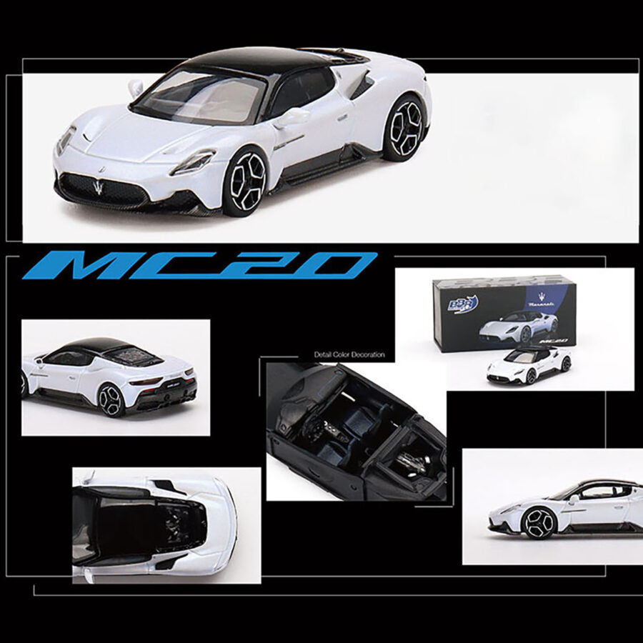Maserati MC20 Bianco Audace White with Black Top 1/64 Diecast Model Car by BBR Models Automotive