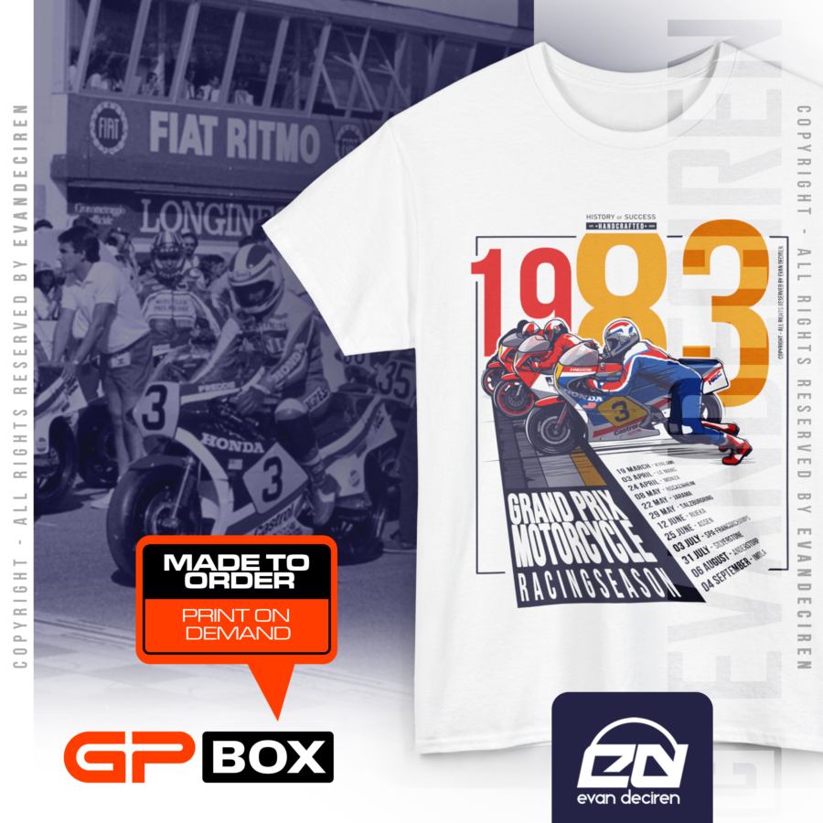 Grand Prix Motorcycle Racing 1983 Season T-Shirt | MotoGP Legend Racing Tee | Classic Racing Fan Shirt from the Sports Car Racing Clothing store collection.