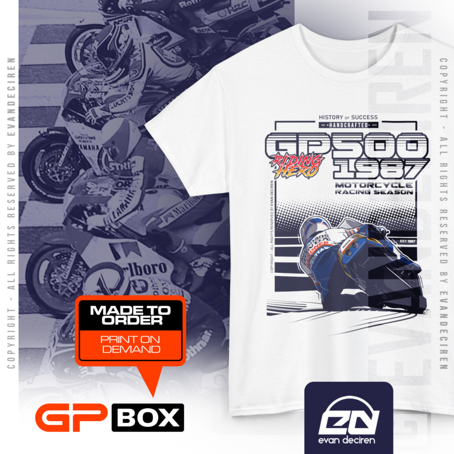 Riding Hero 1987 GP500 T-Shirt | Vintage Racing Tee | MotoGP Legend Retro Motorcycle Shirt from the Sports Car Racing Clothing store collection.
