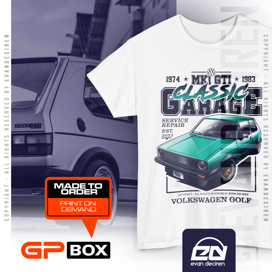 Volkswagen Golf MK1 GTI 1983 Classic Garage T-Shirt | Retro Car Graphic Tee | Vintage VW Golf Enthusiast Shirt from the Volkswagen store collection.