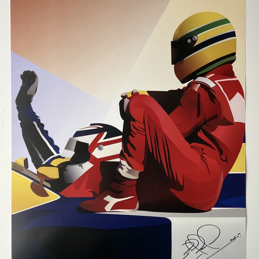 Nigel Mansell signed 'Taxi for Senna' art poster from the F1 Jackets store collection.