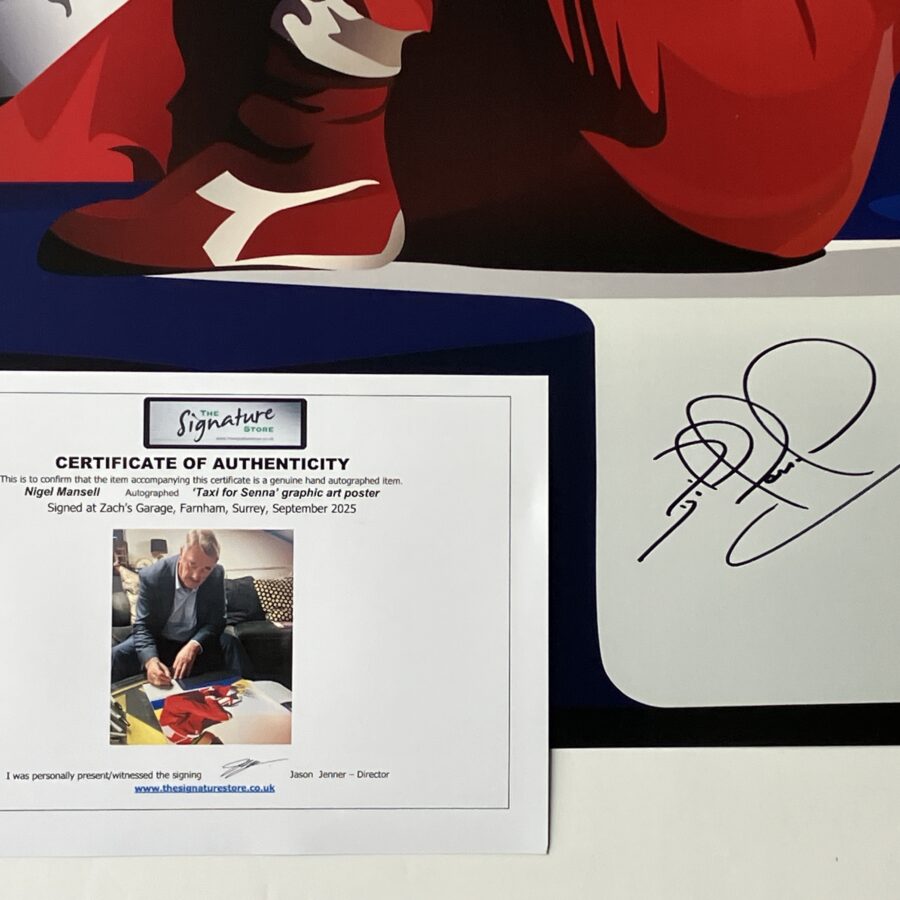 Nigel Mansell signed 'Taxi for Senna' art poster Ayrton Senna