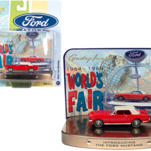 1964 1/2 Ford Mustang Rangoon Red with Red Interior with Collectible Tin Display "Introducing The Ford Mustang" "Greetings from World's Fair 1964-1965" 1/64 Diecast Model Car by Johnny Lightning from the Sports Car Racing Collectibles store collection.