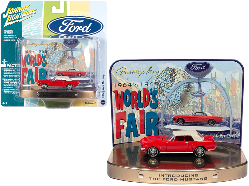 1964 1/2 Ford Mustang Rangoon Red with Red Interior with Collectible Tin Display "Introducing The Ford Mustang" "Greetings from World's Fair 1964-1965" 1/64 Diecast Model Car by Johnny Lightning Automotive
