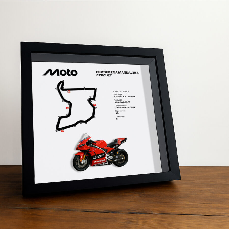 Mandalika Moto Circuit 3D Framed Track Wall Art with Motorcycle Model – Indonesia Racing Gift Race Track Wall Art