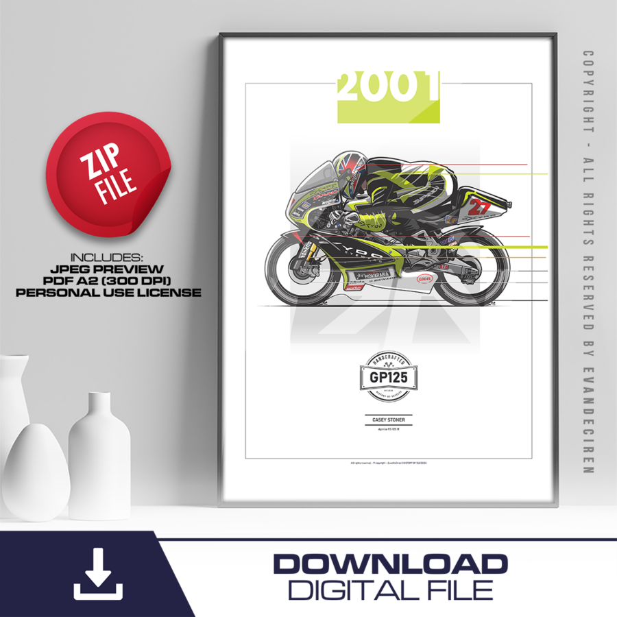 Casey Stoner | 2001 Aprilia RS125R Poster | MotoGP 125cc Racing Art Print | Digital Download A2 from the Ducati MotoGP Team store collection.