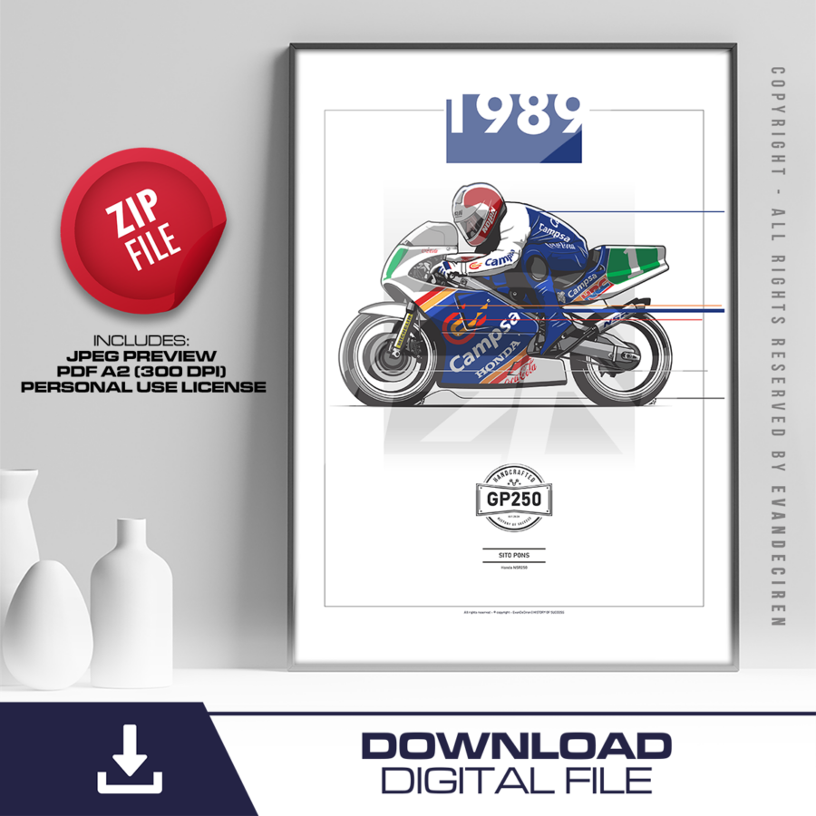 Sito Pons 1989 Honda Campa 250cc GP | Vintage Motorcycle Racing Poster | Digital Download Wall Art A2 Formula 1 Memorabilia