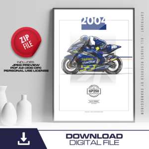 Dani Pedrosa 2004 GP250 Movistar Honda | MotoGP Racing Poster | Digital Download Motorcycle Wall Art | A2 PDF Print from the Formula 1 Memorabilia store collection.