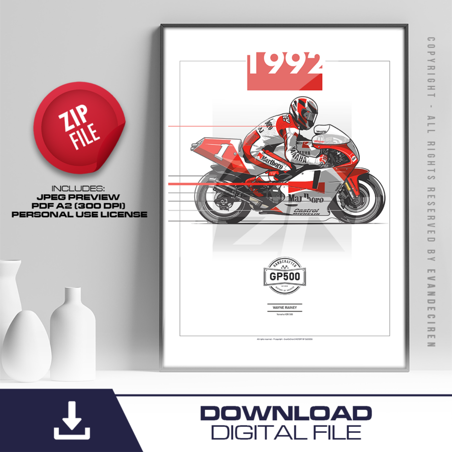 Wayne Rainey | 1992 Yamaha YZR500 Marlboro Team Roberts | GP500 Racing Motorcycle Poster | Vintage MotoGP Digital Download from the Vintage Motorcycle store collection.