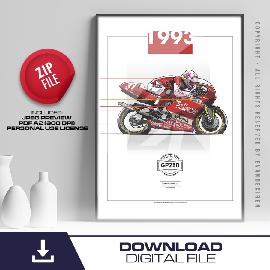 Tetsuya Harada 1993 Yamaha TZ250M | GP250 Motorcycle Racing Poster | Vintage MotoGP Wall Art Digital Download from the Michael Schumacher store collection.