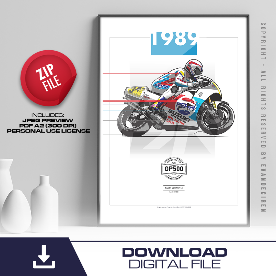 Kevin Schwantz | 1989 Suzuki RGV500 Poster | MotoGP GP500 Racing Art Print | Vintage Motorcycle Wall Decor Formula 1 Memorabilia