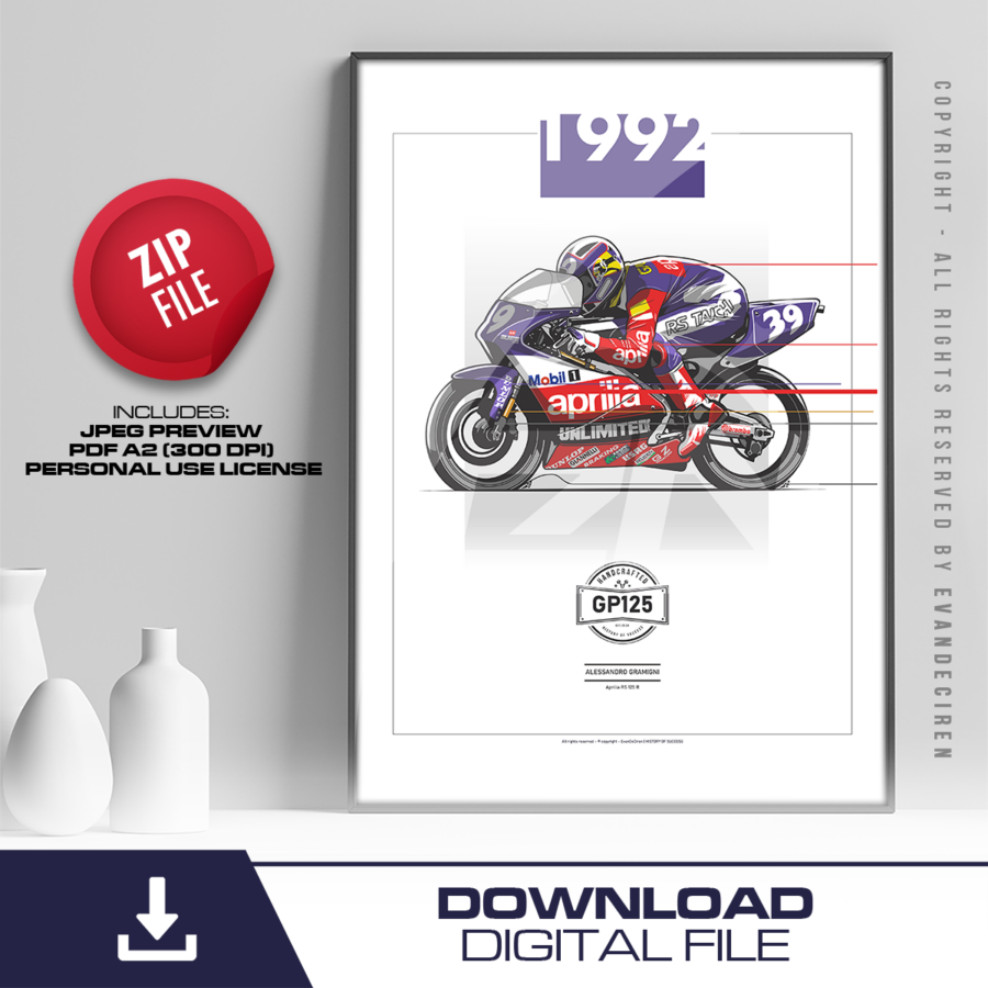 Alessandro Gramigni 1992 Aprilia RS125R | Digital Download Poster | Vintage Motorcycle Racing Wall Art | MotoGP Print A2 from the Team Suzuki Ecstar store collection.