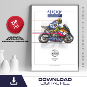 Valentino Rossi 2002 Poster | Honda RC211V Repsol MotoGP | Motorcycle Racing Wall Art | Digital Download Print from the Formula 1 Memorabilia store collection.