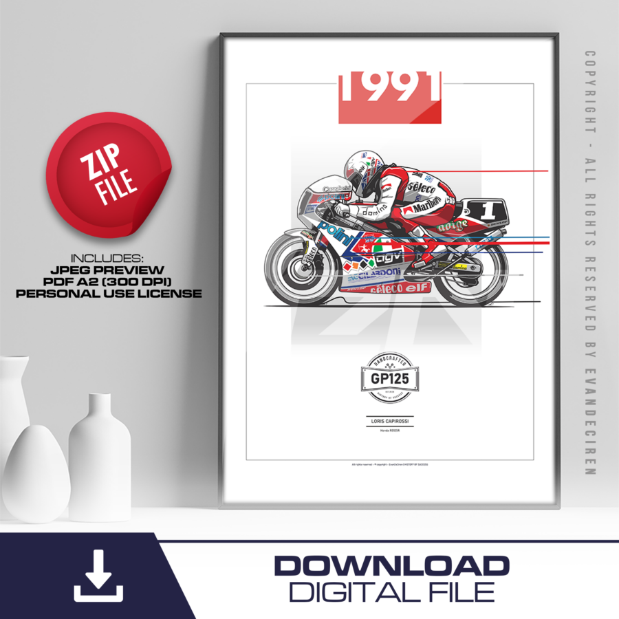 Loris Capirossi 1991 GP125 Poster | MotoGP Legend Wall Art | GP125 Digital Download Print from the MotoGP Gifts store collection.