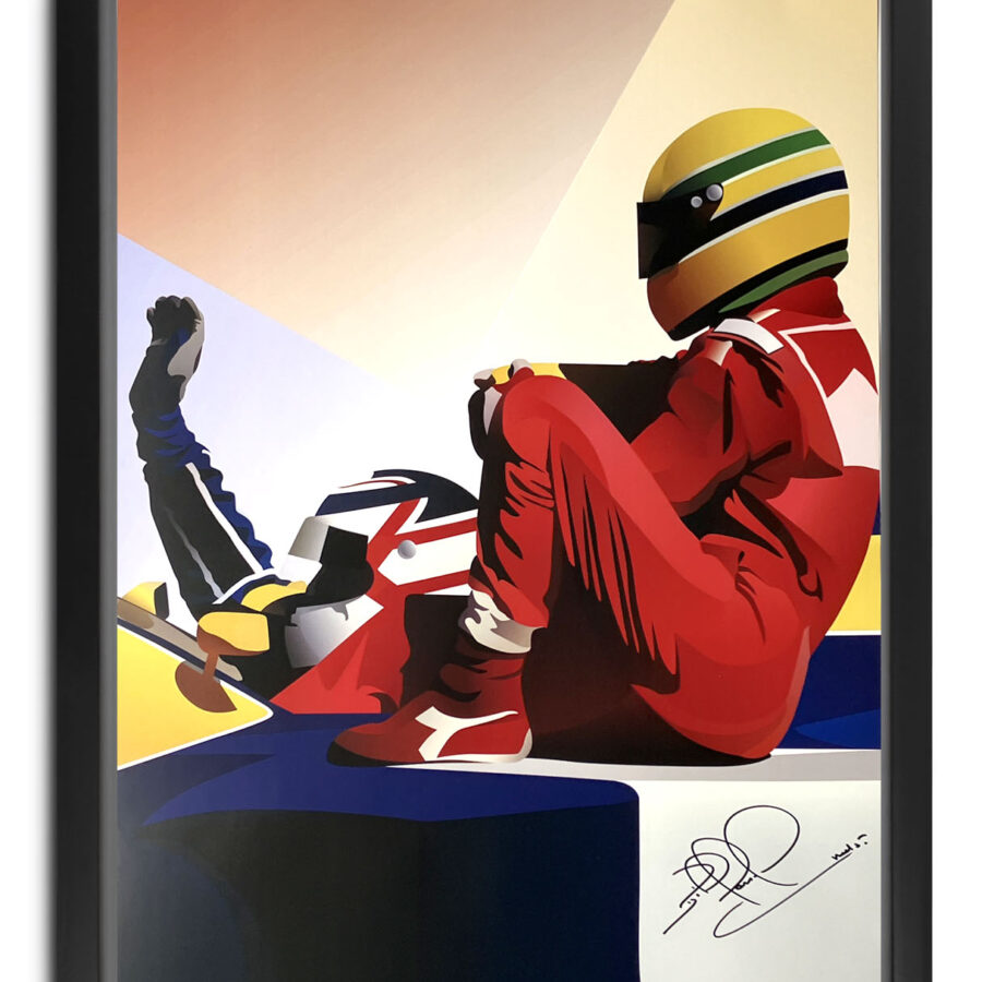 Nigel Mansell signed 'Taxi for Senna' art poster from the F1 Jackets store collection.