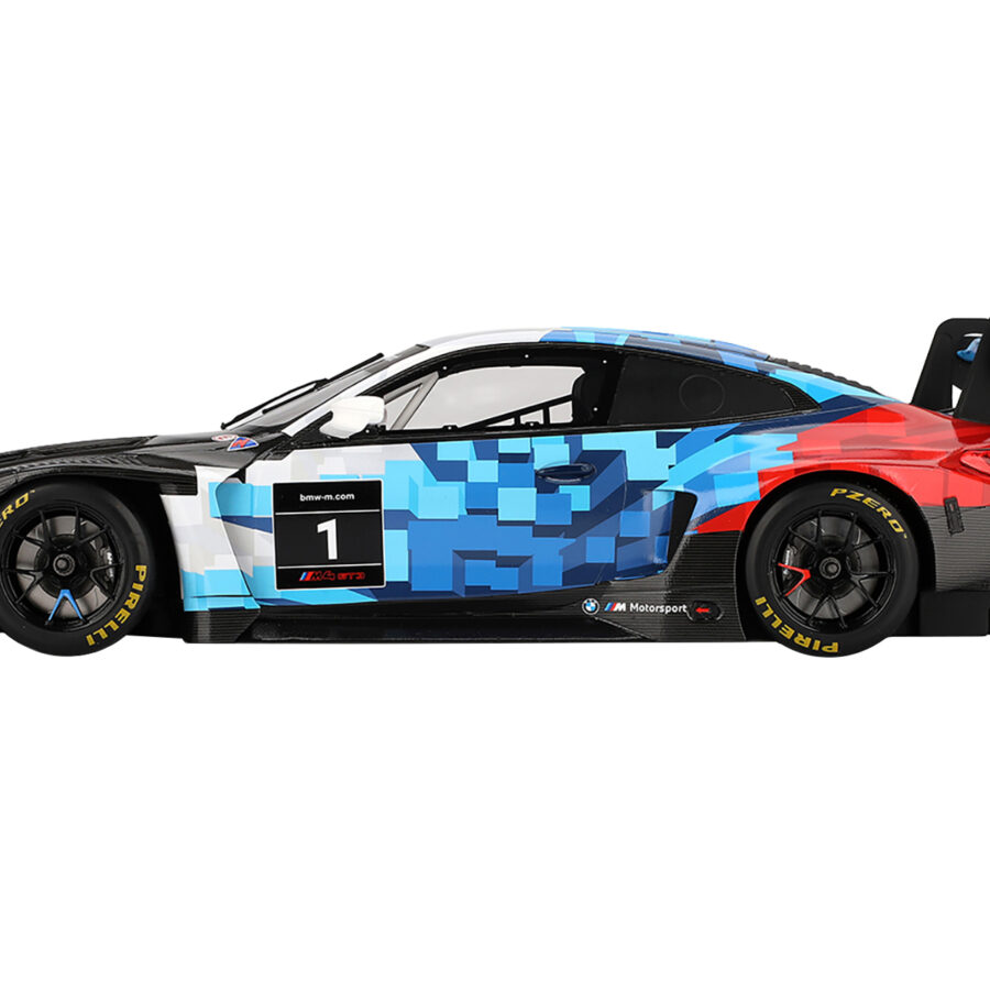 BMW M4 GT3 EVO Presentation #1 White with Carbon Blue and Red Graphics 1/18 Model Car by Top Speed Automotive