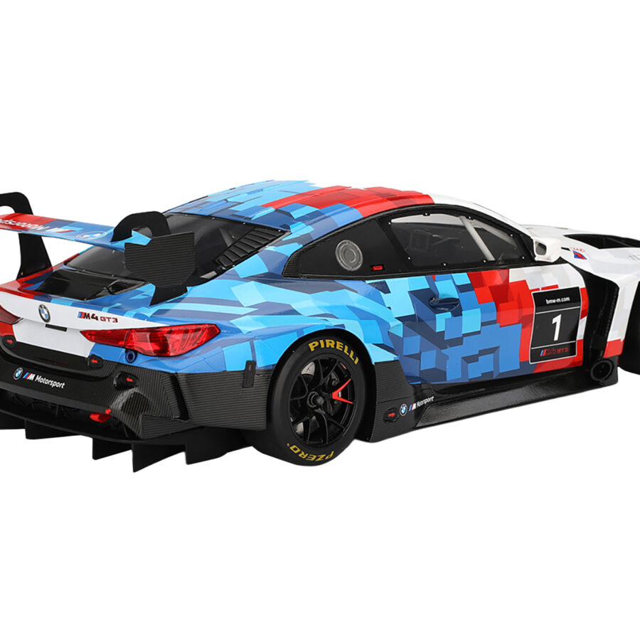 BMW M4 GT3 EVO Presentation #1 White with Carbon Blue and Red Graphics 1/18 Model Car by Top Speed Automotive