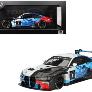 BMW M4 GT3 EVO Presentation #1 White with Carbon Blue and Red Graphics 1/18 Model Car by Top Speed  by Diecast Mania