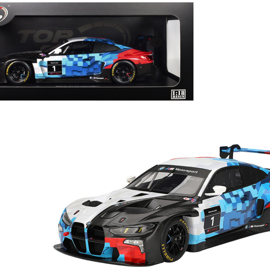 BMW M4 GT3 EVO Presentation #1 White with Carbon Blue and Red Graphics 1/18 Model Car by Top Speed from the Sports Car Racing Gifts store collection.