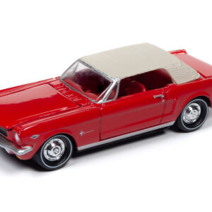 1964 1/2 Ford Mustang Rangoon Red with Red Interior with Collectible Tin Display "Introducing The Ford Mustang" "Greetings from World's Fair 1964-1965" 1/64 Diecast Model Car by Johnny Lightning from the Sports Car Racing Collectibles store collection.