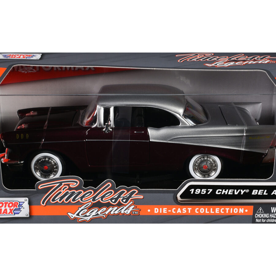 1957 Chevrolet Bel Air Burgundy Metallic and Silver Metallic "Timeless Legends" Series 1/24 Diecast Model Car by Motormax from the Automotive store collection.