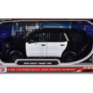 2025 Chevrolet Tahoe PPV Black and White "Custom Builder's Kit - Law Enforcement and Public Service" Series 1/24 Diecast Model Car by Motormax from the Automotive store collection.