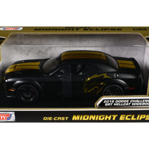 2018 Dodge Challenger SRT Hellcat Widebody Matt Black with Gold Stripes and Graphics "Midnight Eclipse" Series 1/24 Diecast Model Car by Motormax from the Automotive store collection.