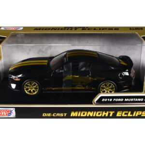 2018 Ford Mustang GT 5.0 Black with Gold Stripes and Graphics "Midnight Eclipse" Series 1/24 Diecast Model Car by Motormax from the Automotive store collection.