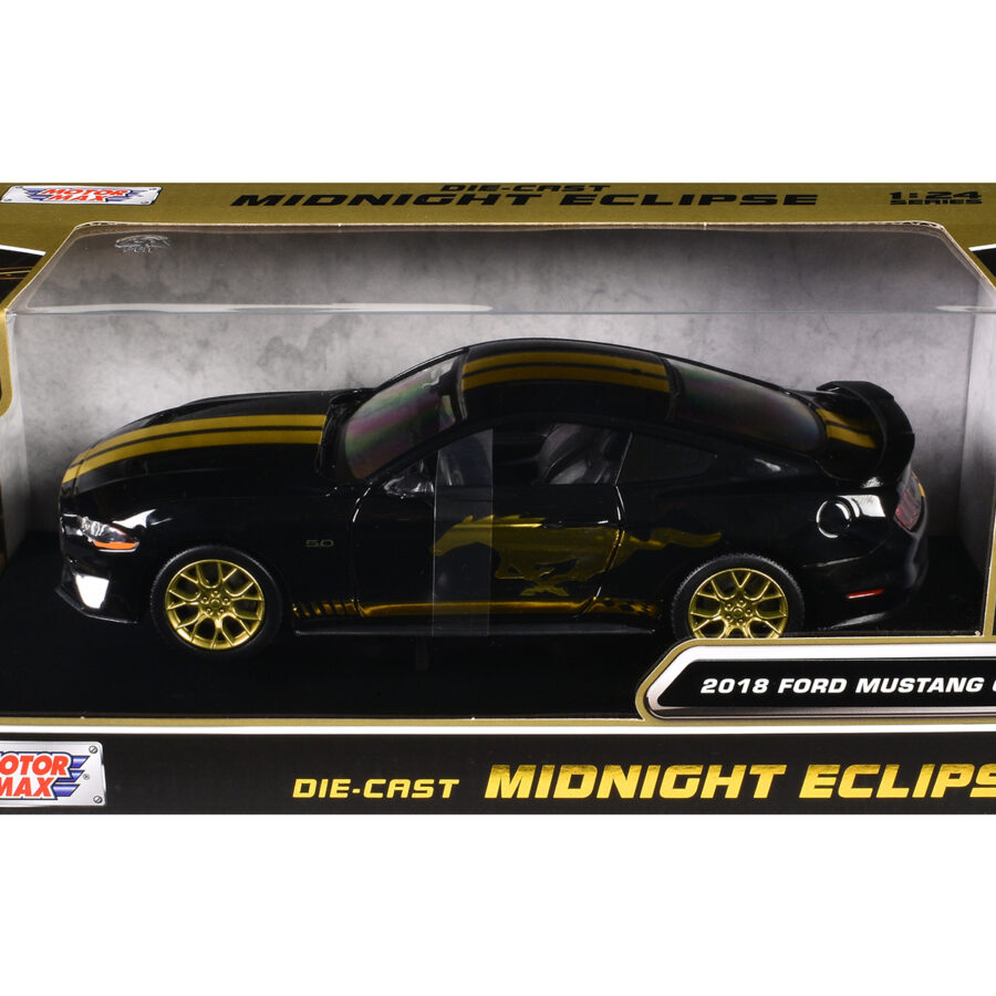 2018 Ford Mustang GT 5.0 Black with Gold Stripes and Graphics "Midnight Eclipse" Series 1/24 Diecast Model Car by Motormax from the Ford store collection.